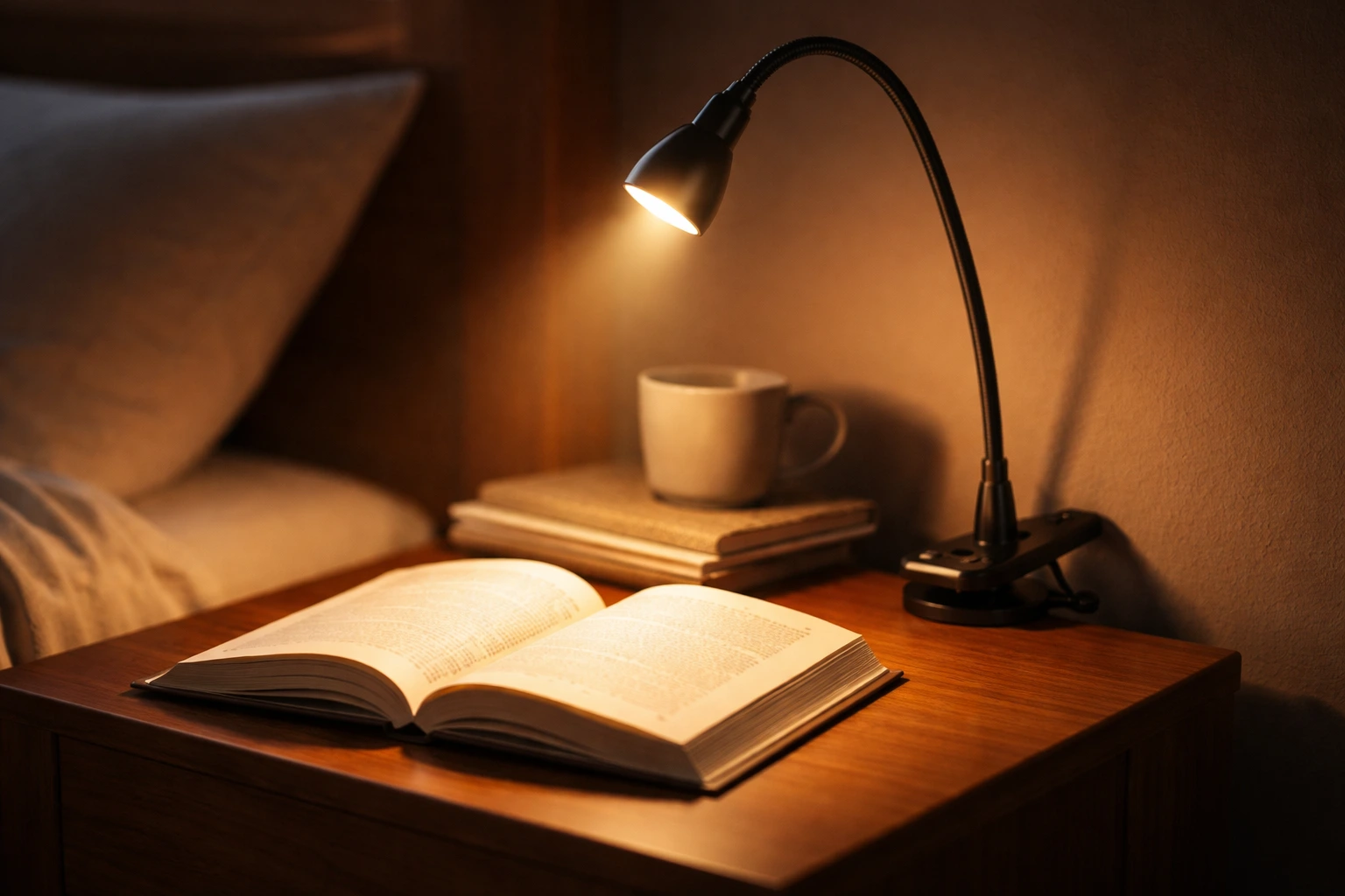 Lámpara de lectura con pinza encendida iluminando un libro abierto en dormitorio acogedor