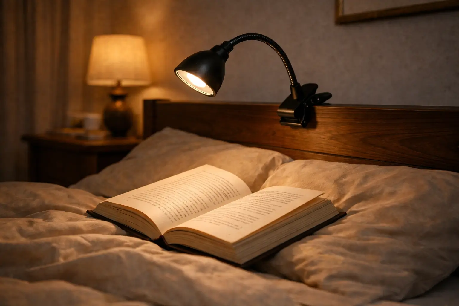 lampara de lectura con pinza iluminando un libro en la cama