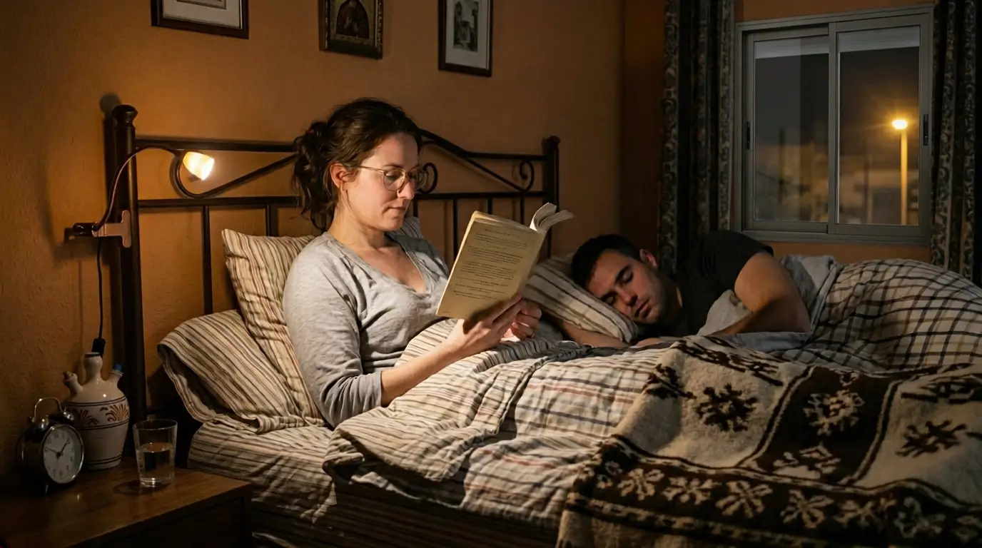 persona leyendo en la cama con luz cálida sin molestar