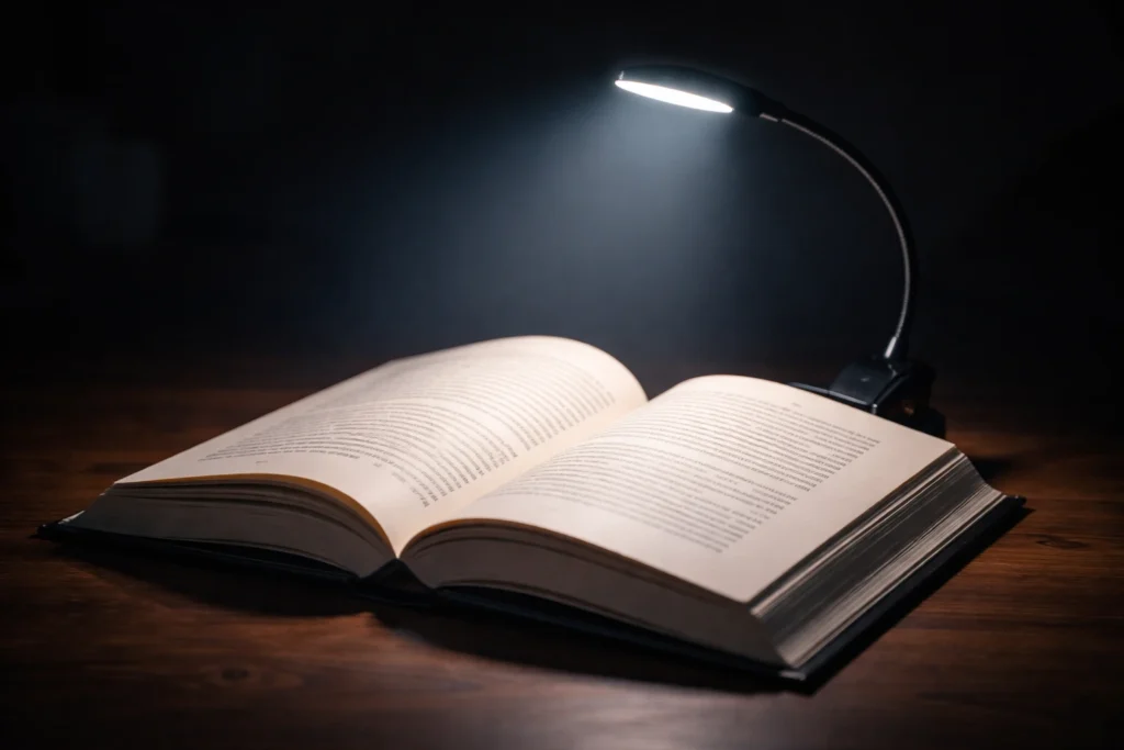  libro iluminado con lámpara LED mostrando luz ideal para leer